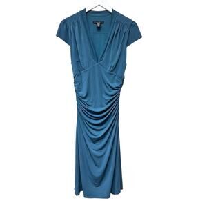Laundry by Shelli Segal Teal Blue V-Neck Careerwear Ruched Midi Dress Size 6